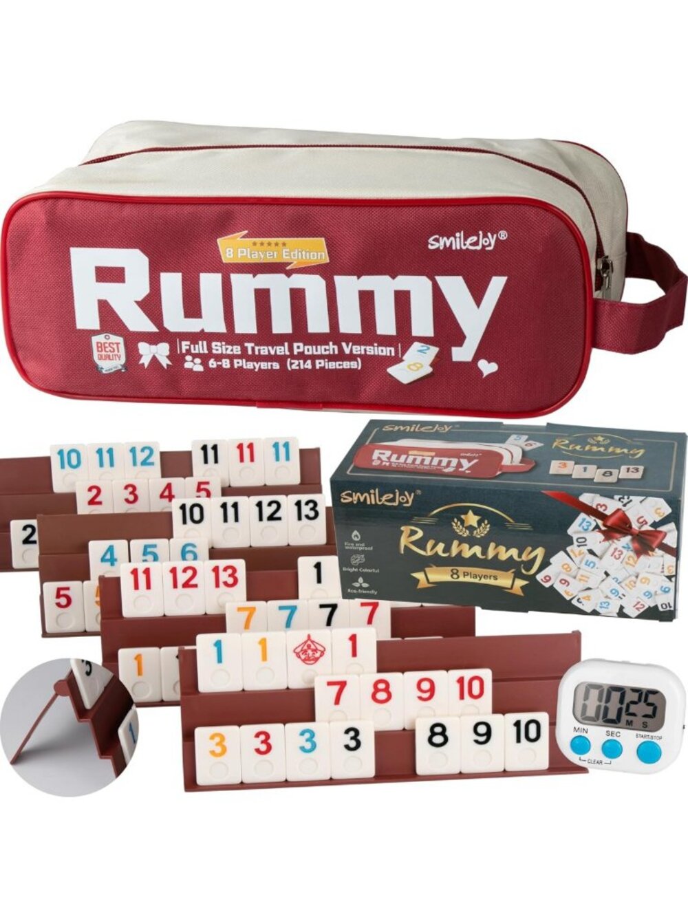 8 Player Rummy Cube Game Set with 214 Tiles & Travel Canvas Bag - Fun Family